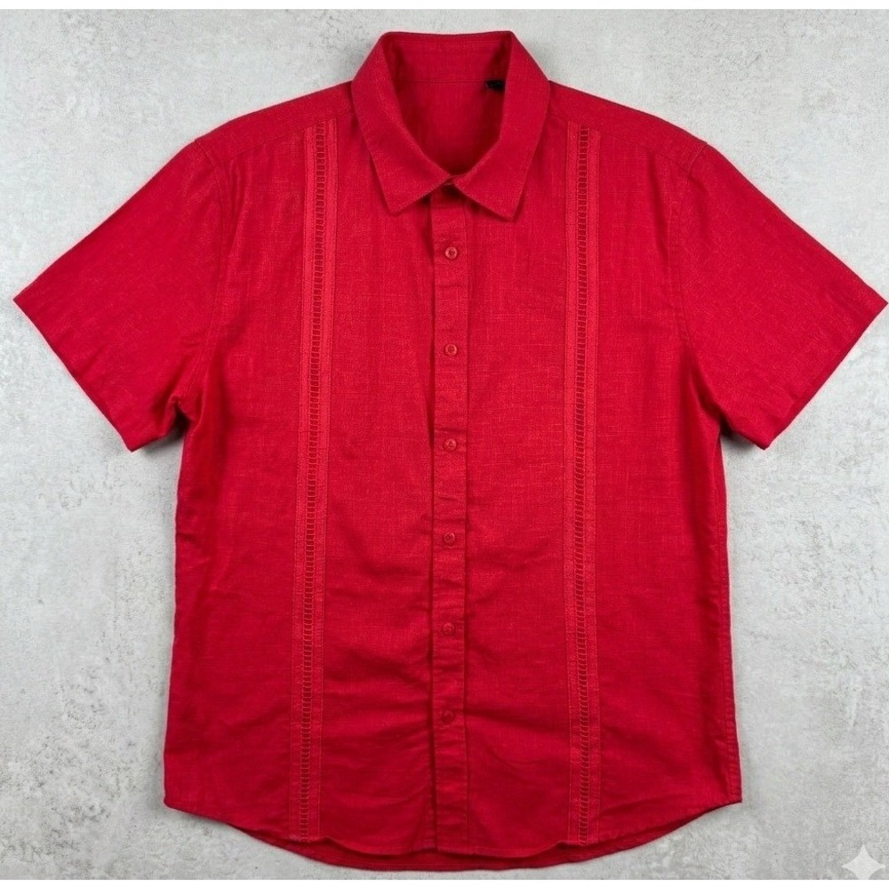 Design in Italy Guayabera Linen Shirt Mens Medium Red Short Sleeve Embroidered